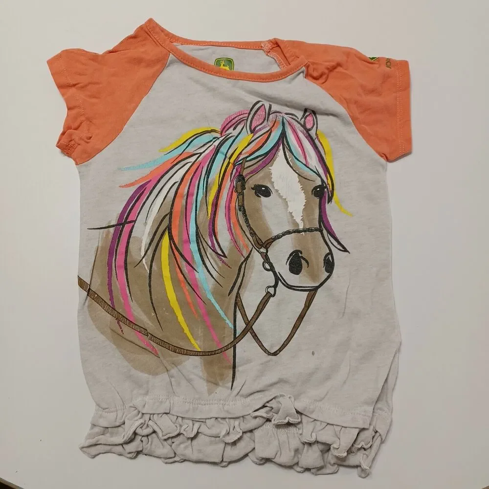 John Deere Girls 4T Large Rainbow Horse Graphic‎ High Low Ruffle Hem Scoop Neck